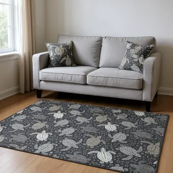 5' X 8' Midnight Ivory And Gray Geometric Washable Area Rug With UV Protection