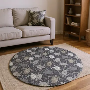 8' Midnight Ivory And Gray Geometric Washable Round Rug With UV Protection
