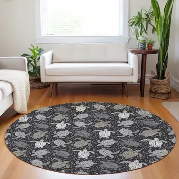 8' Midnight Ivory And Gray Geometric Washable Round Rug With UV Protection