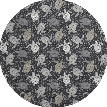 8' Midnight Ivory And Gray Geometric Washable Round Rug With UV Protection