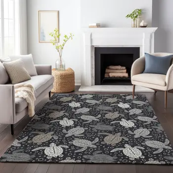 10' X 14' Midnight Ivory And Gray Geometric Washable Area Rug With UV Protection