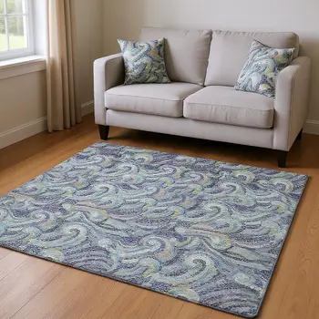 5' X 8' Slate Gray Moss Green And Ivory Geometric Washable Area Rug With UV Protection