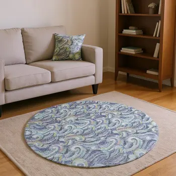 8' Slate Gray Moss Green And Ivory Geometric Washable Round Rug With UV Protection