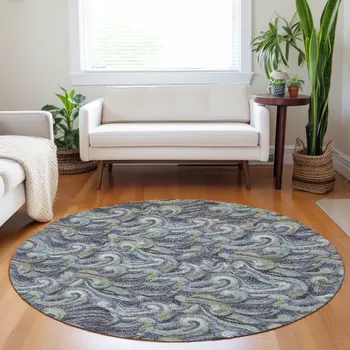 8' Slate Gray Moss Green And Ivory Geometric Washable Round Rug With UV Protection