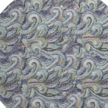 8' Slate Gray Moss Green And Ivory Geometric Washable Round Rug With UV Protection