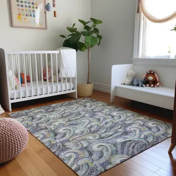 8' X 10' Slate Gray Moss Green And Ivory Geometric Washable Area Rug With UV Protection
