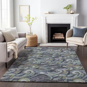 8' X 10' Slate Gray Moss Green And Ivory Geometric Washable Area Rug With UV Protection
