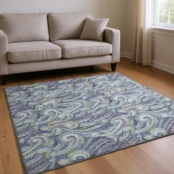 9' X 12' Slate Gray Moss Green And Ivory Geometric Washable Area Rug With UV Protection