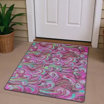 3' X 5' Raspberry Green And Ivory Geometric Washable Area Rug With UV Protection