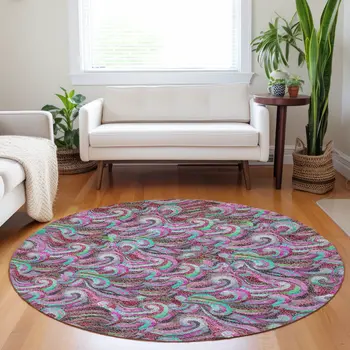 8' Raspberry Green And Ivory Geometric Washable Round Rug With UV Protection