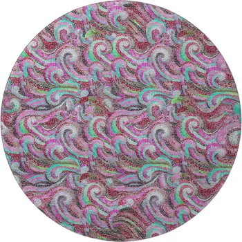 8' Raspberry Green And Ivory Geometric Washable Round Rug With UV Protection