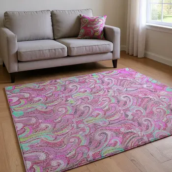 8' X 10' Raspberry Green And Ivory Geometric Washable Area Rug With UV Protection