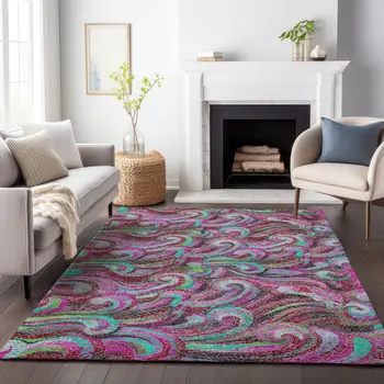 8' X 10' Raspberry Green And Ivory Geometric Washable Area Rug With UV Protection