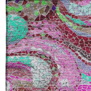 8' X 10' Raspberry Green And Ivory Geometric Washable Area Rug With UV Protection