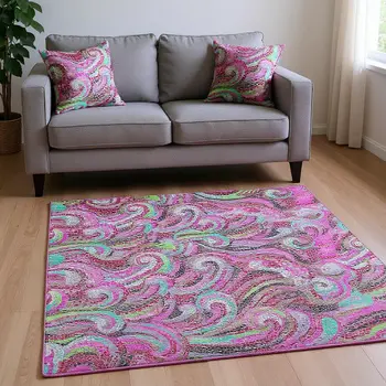 9' X 12' Raspberry Green And Ivory Geometric Washable Area Rug With UV Protection
