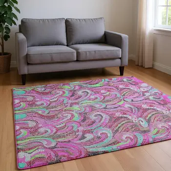 10' X 14' Raspberry Green And Ivory Geometric Washable Area Rug With UV Protection