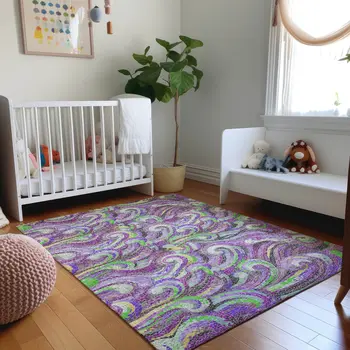 3' X 5' Purple Ivory And Green Geometric Washable Area Rug With UV Protection