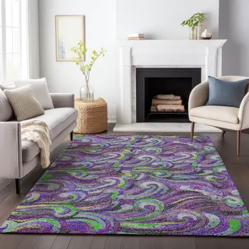 3' X 5' Purple Ivory And Green Geometric Washable Area Rug With UV Protection