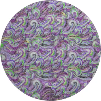 8' Purple Ivory And Green Geometric Washable Round Rug With UV Protection