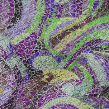 8' Purple Ivory And Green Geometric Washable Round Rug With UV Protection