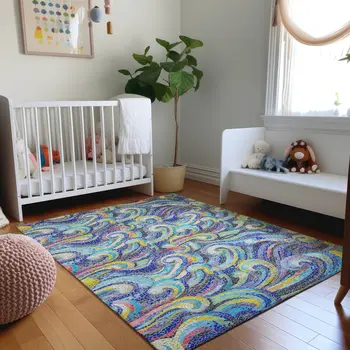 5' X 8' Pacific Blue Ivory And Yellow Geometric Washable Area Rug With UV Protection