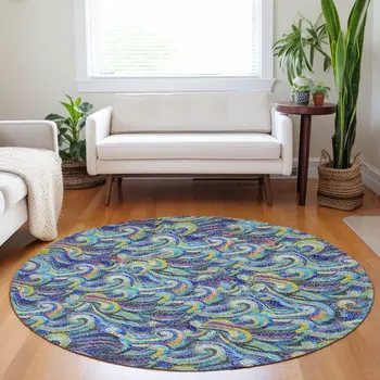 8' Pacific Blue Ivory And Yellow Geometric Washable Round Rug With UV Protection