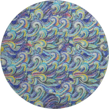 8' Pacific Blue Ivory And Yellow Geometric Washable Round Rug With UV Protection