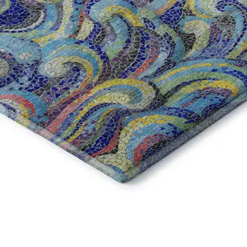 8' Pacific Blue Ivory And Yellow Geometric Washable Round Rug With UV Protection