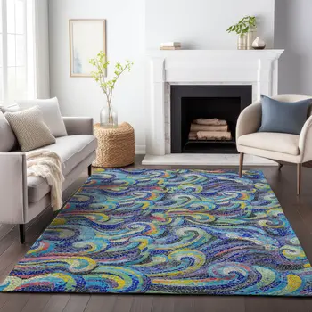 10' X 14' Pacific Blue Ivory And Yellow Geometric Washable Area Rug With UV Protection