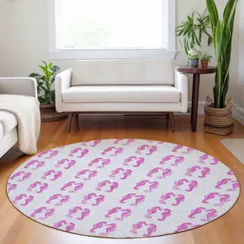 8' Pink And Silver Geometric Washable Round Rug With UV Protection