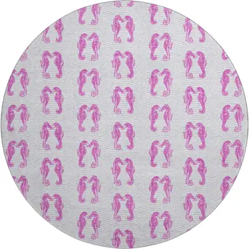 8' Pink And Silver Geometric Washable Round Rug With UV Protection