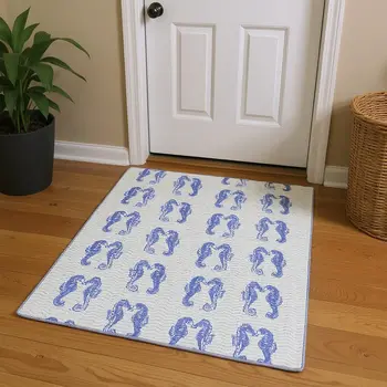 3' X 5' Blue And Ivory Geometric Washable Area Rug With UV Protection
