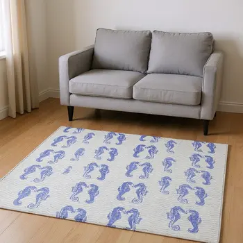 5' X 8' Blue And Ivory Geometric Washable Area Rug With UV Protection