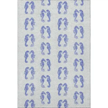 5' X 8' Blue And Ivory Geometric Washable Area Rug With UV Protection