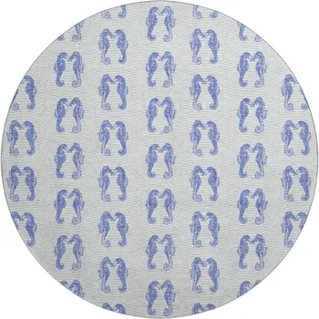 8' Blue And Ivory Geometric Washable Round Rug With UV Protection