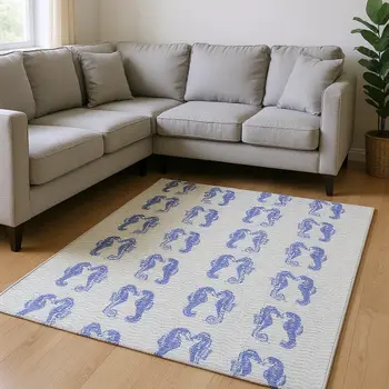 8' X 10' Blue And Ivory Geometric Washable Area Rug With UV Protection