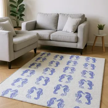 9' X 12' Blue And Ivory Geometric Washable Area Rug With UV Protection