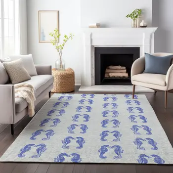 9' X 12' Blue And Ivory Geometric Washable Area Rug With UV Protection