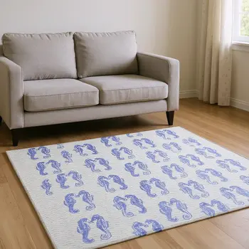10' X 14' Blue And Ivory Geometric Washable Area Rug With UV Protection
