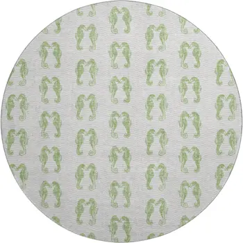 8' Green And Ivory Geometric Washable Round Rug With UV Protection