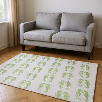 9' X 12' Green And Ivory Geometric Washable Area Rug With UV Protection