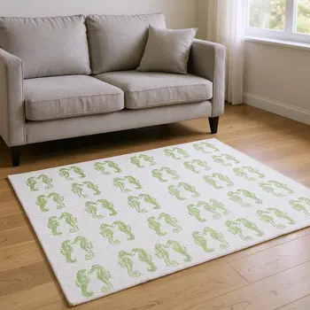 10' X 14' Green And Ivory Geometric Washable Area Rug With UV Protection