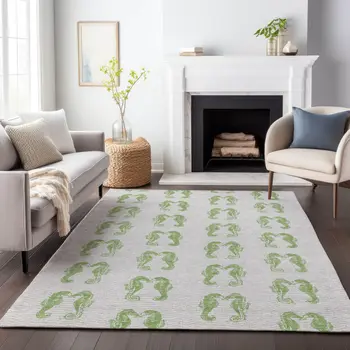 10' X 14' Green And Ivory Geometric Washable Area Rug With UV Protection