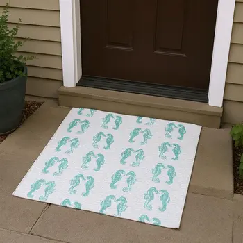 3' X 5' Aqua And Ivory Geometric Washable Area Rug With UV Protection