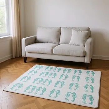 5' X 8' Aqua And Ivory Geometric Washable Area Rug With UV Protection