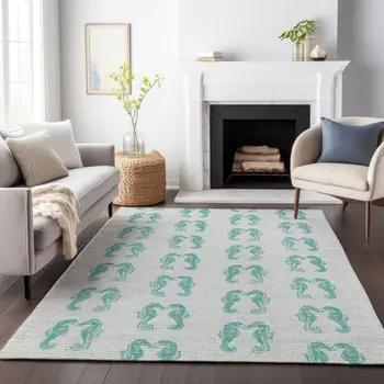 5' X 8' Aqua And Ivory Geometric Washable Area Rug With UV Protection