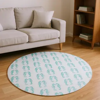 8' Aqua And Ivory Geometric Washable Round Rug With UV Protection