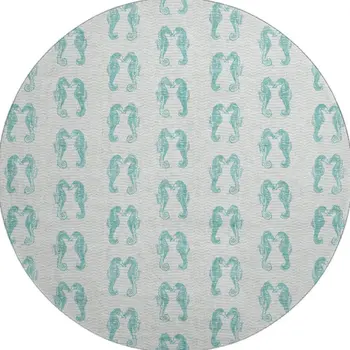 8' Aqua And Ivory Geometric Washable Round Rug With UV Protection