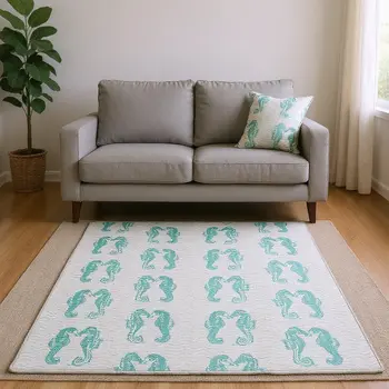 8' X 10' Aqua And Ivory Geometric Washable Area Rug With UV Protection