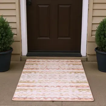 3' X 5' Peach Ivory And Beige Geometric Washable Area Rug With UV Protection